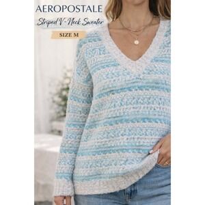 Aeropostale Striped Knit Sweater M Blue White V Neck Cozy Pullover Long Sleeve